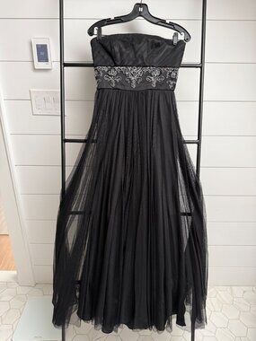 Badgely Mishka Blk Strapless Pleated Chiffon Gown w/ Corset Bodice and Beads Sz4